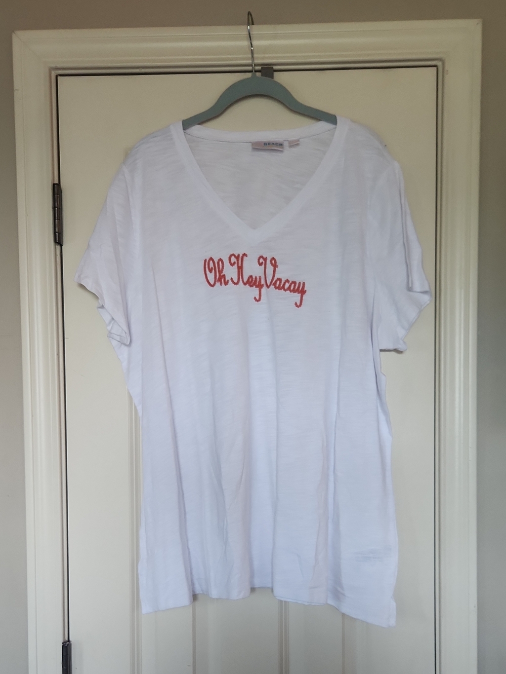 Belle by Kim Gravel White V-Neck Tee with Coral Script "Oh Hey Vacay"
